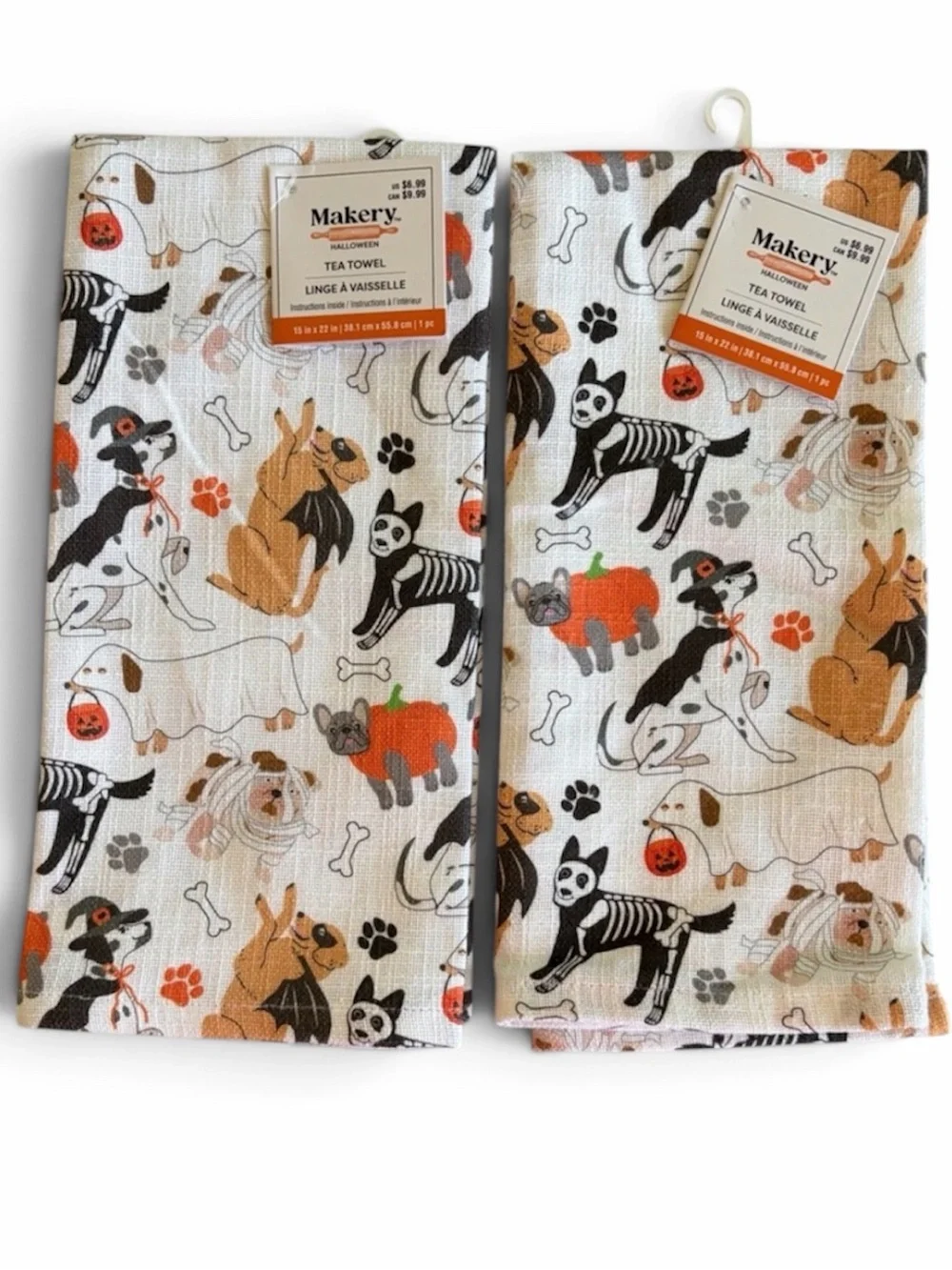 MAKERY Halloween Dog Tea Towels Set of 2 Cotton Kitchen Towels Ghosts Skeletons